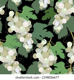 Patrón sin foco con uvas blancas y hojas sobre fondo negro. Ilustración vectorial.