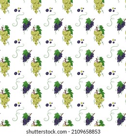 Seamless pattern with white grapes on branches with berries and leaves. Sweet healthy food print, wholesome delicious dessert background. Vector flat illustration