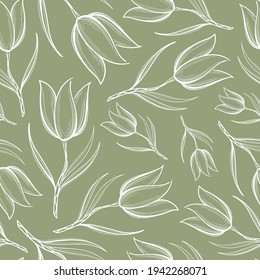 Seamless pattern with white, graphic, outline tulip flowers in vintage style on a pale green background. For wallpaper, paper, wrapping, textiles, fabrics, curtains, bedding, clothing, accessories