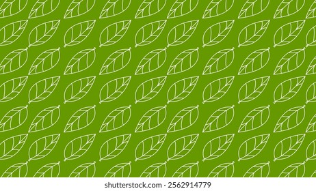 A seamless pattern of white graphical leaves on a vibrant green background, evoking growth, freshness, and environmental themes. Perfect for backgrounds, textiles, wallpapers, or eco-friendly designs.