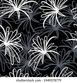 Seamless pattern of white and gray flowers in continuous line sketch doodle style. Vector illustration isolated on a black background