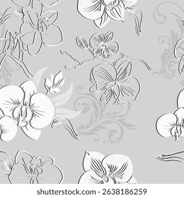 seamless pattern of  white, and gray orchid on a gray background.The design element