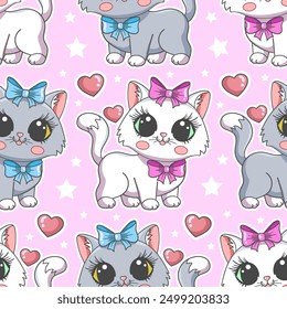 Seamless pattern with white, gray and red kittens and hearts on a pink background. For fabric design, wallpaper, backgrounds, prints, posters, wrapping paper, scrapbooking. Etc. Vector