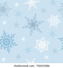 Seamless pattern with white and gray snowflakes on blue background. Winter background. Abstract wallpaper, wrapping, cover, textile endless texture. Christmas geometric ornament.