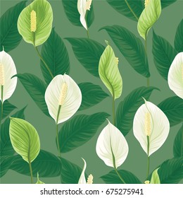 Seamless pattern of white and green anthurium flowers (tailflower, flamingo flower and laceleaf) with leaves on dark green background. Vector set of blooming flower for your design.