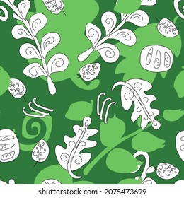 Seamless pattern of white green leaves on a dark green background for modern designs on paper, textile products, digital use