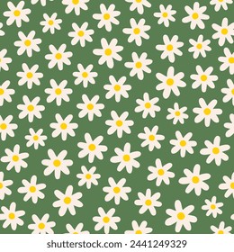 Seamless pattern with white groovy daisy flowers on green background. Vector illustration.