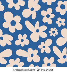 Seamless pattern with white groovy daisy flowers on a blue background. Vector illustration