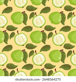Seamless Pattern White Guava Fruit Tree on Yellow Background with leaves. Vector illustration.
