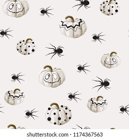 Seamless pattern with white Halloween pumpkins carved faces and spider on light background. Can be used for scrapbook digital paper, textile print, page fill. Vector illustration.