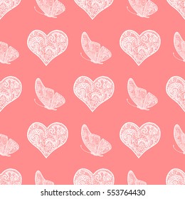 seamless pattern from white hand drawing heart and butterfly. Background for saint Valentine day in doodle, zentangle style.