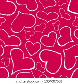 Seamless pattern with white hand drawn hearts on red background. Vector illustration