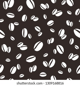 seamless pattern with white hand drawn coffee beans on broun background. Flat cartoon vector ornament. Good for print on paper or fabric.