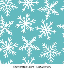 Seamless pattern with white hand drawn snowlake silhouette on blue background. Abstract geometric texture for print, paper, design, fabric, decor, gift, food wrap, backgrounds. Vector illustration