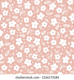 Seamless pattern with white hand drawn flowers and leaves on a pink background. Vector illustration.