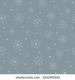 Seamless pattern with white hand drawn christmas snowflakes new year winter doodle icons isolated. Vector illustration in outline style