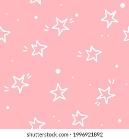 Seamless pattern white hand drawn cute stars on pink background. For children, kids textile. Pastel colors  wrapping paper, wallpaper, background. Vector illustration nursery, baby, girl.
