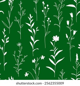 Seamless pattern with white hand drawn flower and plant silhouette isolated on green background. Botany spring wrapping paper or dress fabric design. Vector stock illustration.