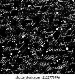 Seamless pattern with white hand write poetry on black background. Vector texture. Graphic creative idea