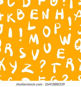 Seamless pattern with white hand-drawn alphabet letters, exclamation marks and question marks on orange background. 