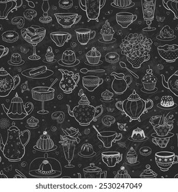 Seamless pattern of white hand-drawn teapots, cups, desserts, and flowers. Tea doodles on a black chalkboard background.