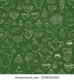 Seamless pattern of white hand-drawn teapots, cups, desserts, and flowers. Breakfast doodles on a green blackboard background.