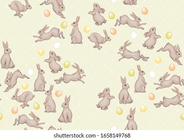 Seamless pattern with a white hares, colored eggs for easter. Colored vector illustration. In art nouveau style, vintage, old, retro style. On soft green background.