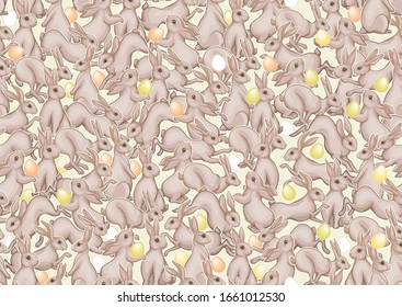 Seamless pattern with a white hares, colored eggs for easter. Colored vector illustration. In art nouveau style, vintage, old, retro style. On soft green background.