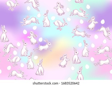 Seamless pattern with a white hares, colored eggs for easter. Colored vector illustration. In light ultra violet pastel colors on mesh pink, blue background.