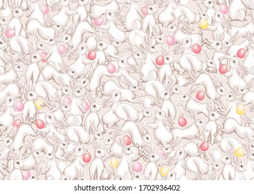 Seamless pattern with a white hares, colored eggs for easter. Colored vector illustration. In art nouveau style, vintage, old, retro style. On soft pink and eige background.