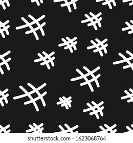 Seamless pattern with white hashtags on a black background. Print for social media. Vector drawing