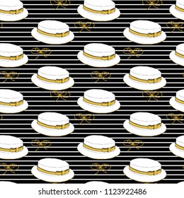 Seamless pattern with white hats with yellow ribbons