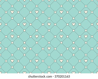 Seamless pattern with white heart and dot on a turquoise background for Valentine's Day. Vector Illustration