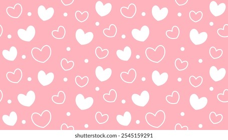 Padrão contínuo de coração branco no fundo rosa. Romântico amor coração vetor padrão sem emenda. Ilustração do vetor do coração do amor. Design de banner de fundo do dia dos namorados