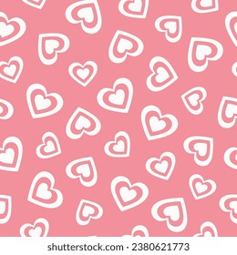 Patrón sin foco de corazones blancos. Elementos de dibujos animados de estilo retro a la moda sobre fondo rosa. Ilustración del vector