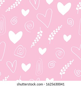 Seamless pattern with white hearts and different branches