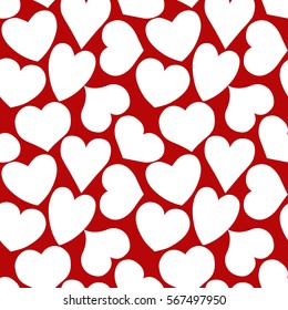 Seamless pattern with white hearts of different form on a red background. Vector eps 10. 