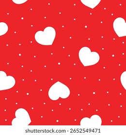 Seamless pattern of white hearts and dots on red background. Ideal for Valentine’s Day packaging, romantic wrapping paper, wedding decor, love-themed fabric, and festive print designs.
