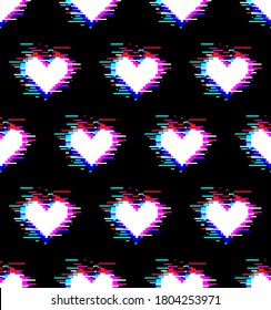 Seamless pattern of white hearts with glitch effect on black backgound. Stock illustration for web and print, wallpaper, background, scrapbooking, wrapping paper, textile.