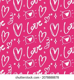 Seamless pattern with white hearts, hand drawn in doodle style. Pink  background. Perfect for wrapping paper or fabric. Cute romantic background.