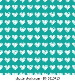Seamless pattern white hearts on the dark cyan background. Vector illustration.