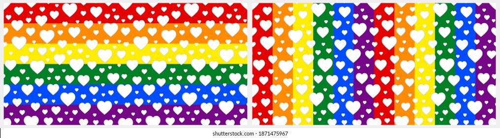 Seamless pattern: white hearts on lgbt flag background. Pride rainbow colors, cut out effect. Vector colorful print, Valentine, romantic design, lgbtq community rights illustration.
