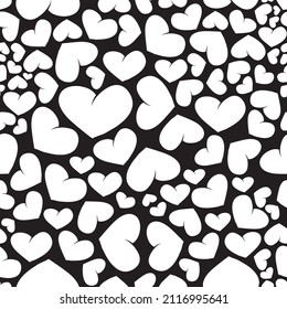 Seamless pattern ,white hearts on a black background. Valentine's Day background. Flat design endless chaotic texture of tiny heart silhouettes. Shades of red. Vector illustration on a black backgrou