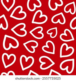 Seamless pattern of white hearts on a vibrant red background perfect for festive occasions and celebrations.