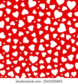 Seamless pattern of white hearts on a vibrant red background perfect for festive occasions and celebrations.