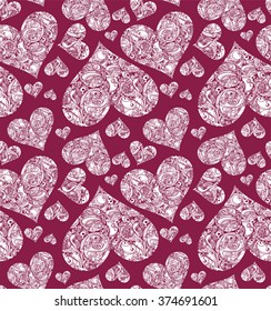Seamless pattern with white hearts on red background. Fabric pattern. 