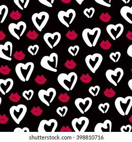 Seamless pattern of white hearts and red lips. Scarlet lips. Heart pattern. Ink illustration. Hand-drawn doodle seamless pattern with hearts and red lips. Seamless background with hearts. 