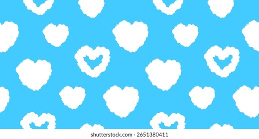 Padrão contínuo com nuvens brancas em forma de coração no fundo do céu azul. Cobertura de textura de lápis de cera de design romântico fofo para têxteis, papéis de parede, papel de embrulho, pano de fundo, tecido.