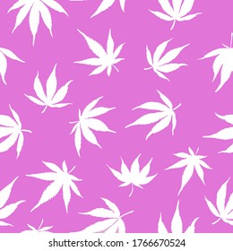 Patrón sin foco de cáñamo blanco sobre un fondo rosado. El cáñamo blanco se deja sobre un fondo rosado. Patrón de marihuana. Ilustración vectorial. 