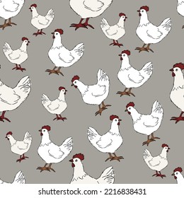 Seamless Pattern With White Hen Chicken Cartoon Character On Grey Background